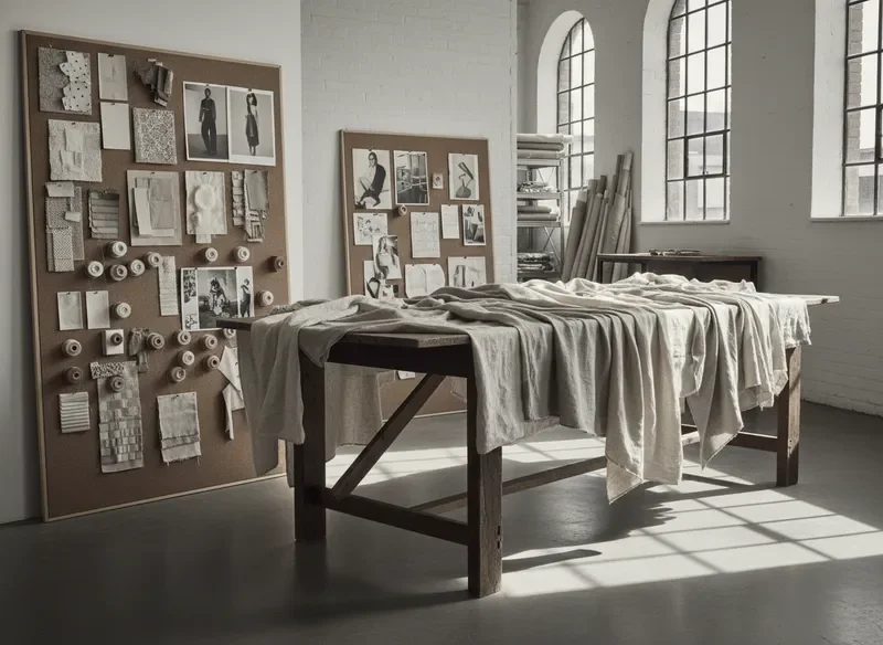 Fashion studio atelier with moodboards and fabric swatches