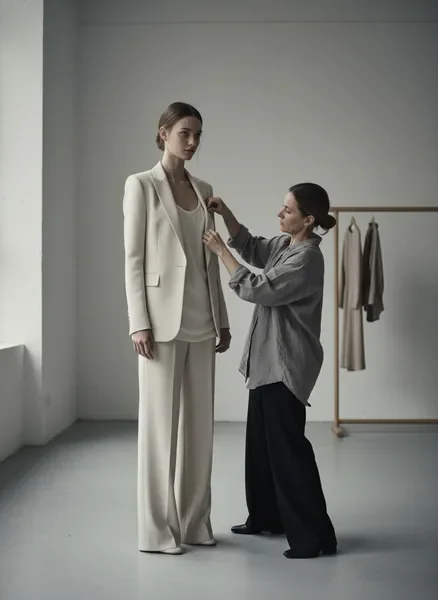 Fashion fitting session with stylist and model in studio