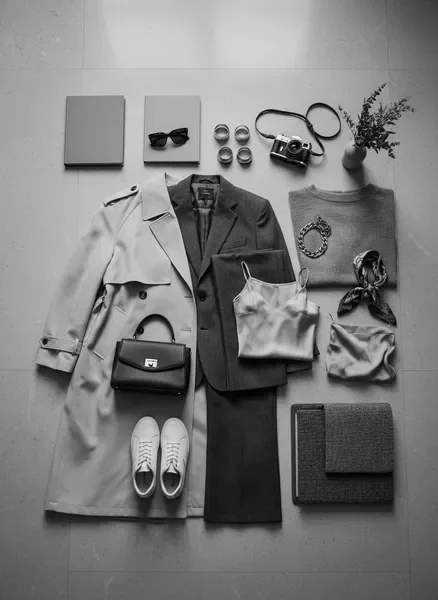 Campaign preparation flat lay with styled clothing and accessories