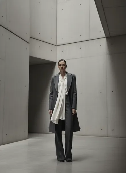 Campaign editorial — contemporary fashion portrait in monochrome urban setting