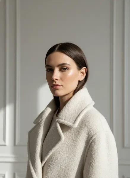 Textured cream boucle coat — editorial portrait