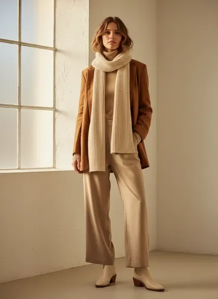 Layered autumn knitwear and blazer — editorial portrait