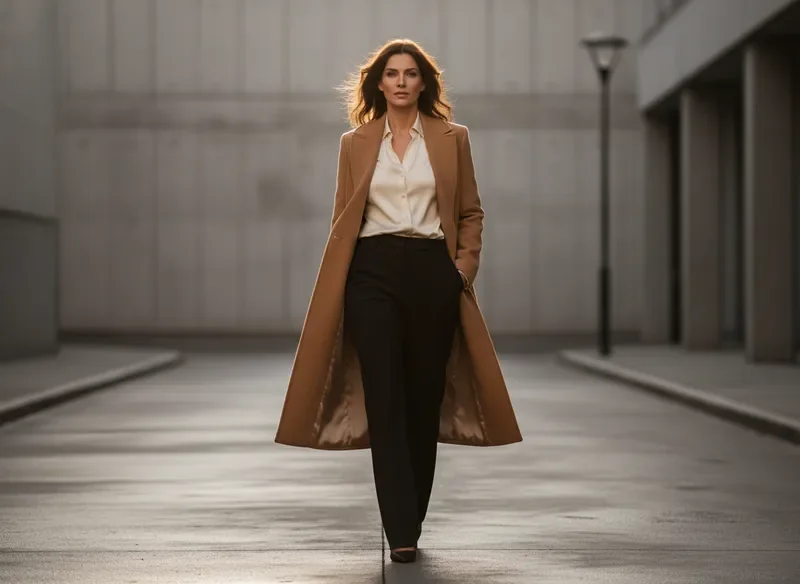 Confident camel overcoat campaign — editorial landscape