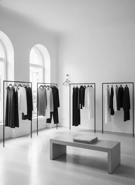 Roni Clothings boutique interior — a calm, minimal fashion studio